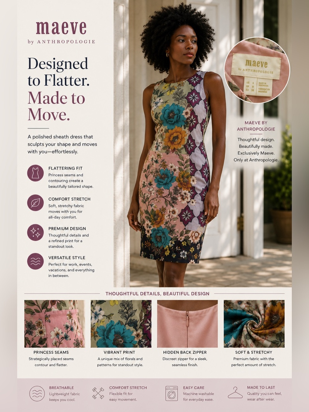 Anthropologie Maeve Floral Midi Dress in Pink, Teal & Gold size 6